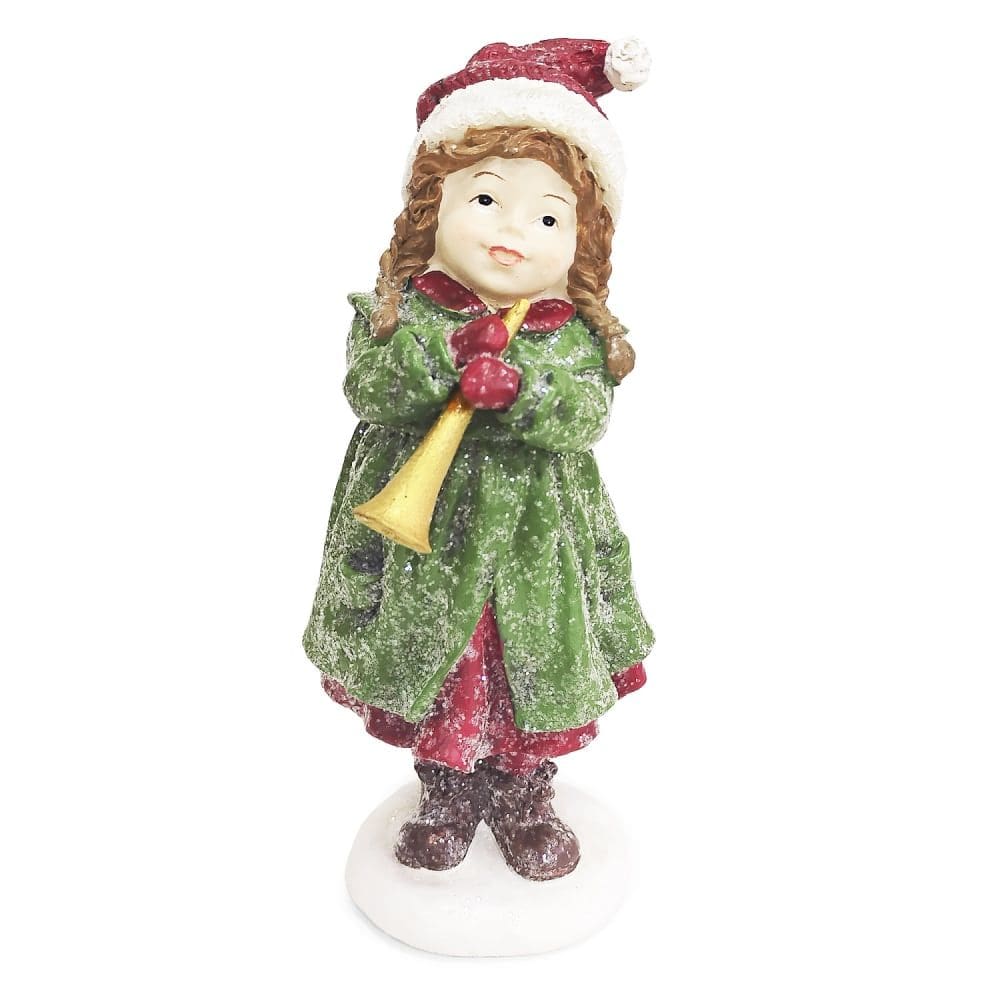 Escultura Menina Trompetista Natalina em Pé Decorativa 18cm