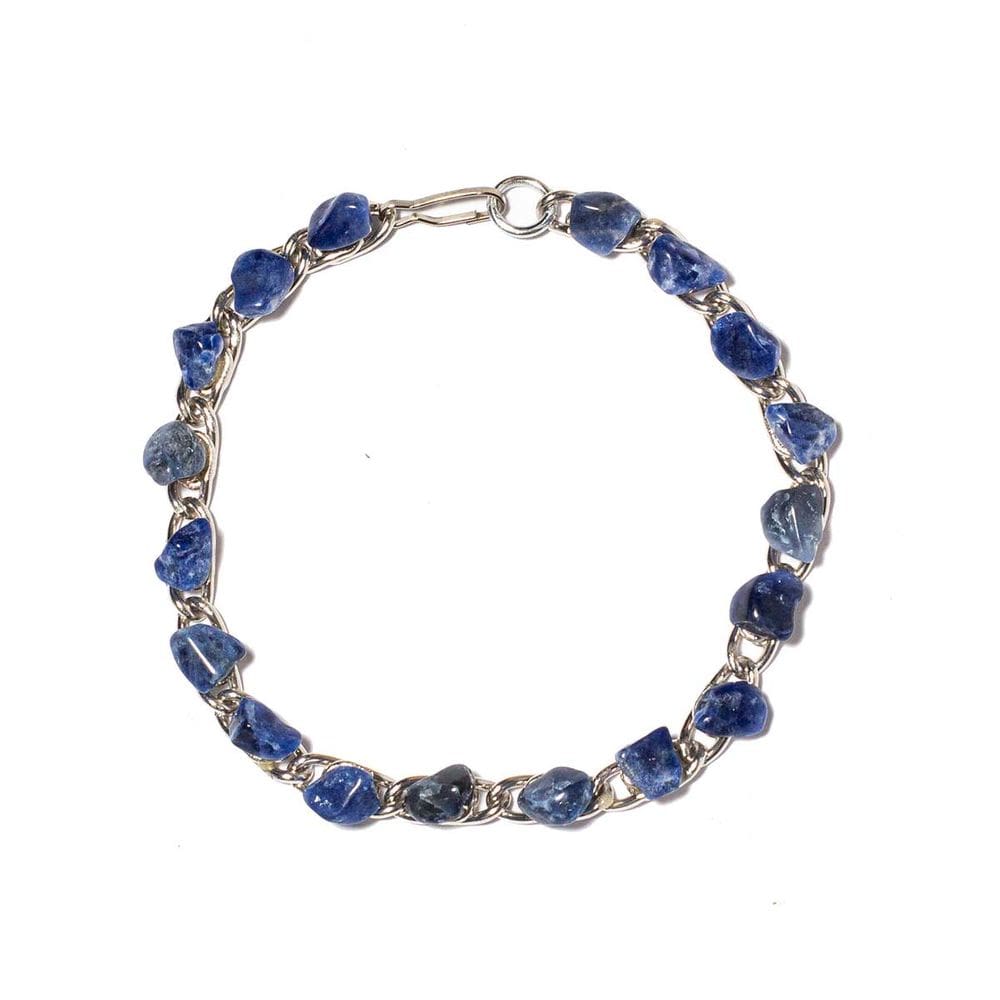 05 Pulseira Corrente Pedra Colada Sodalita Azul Natural Rolada Montagem Banho Prateado