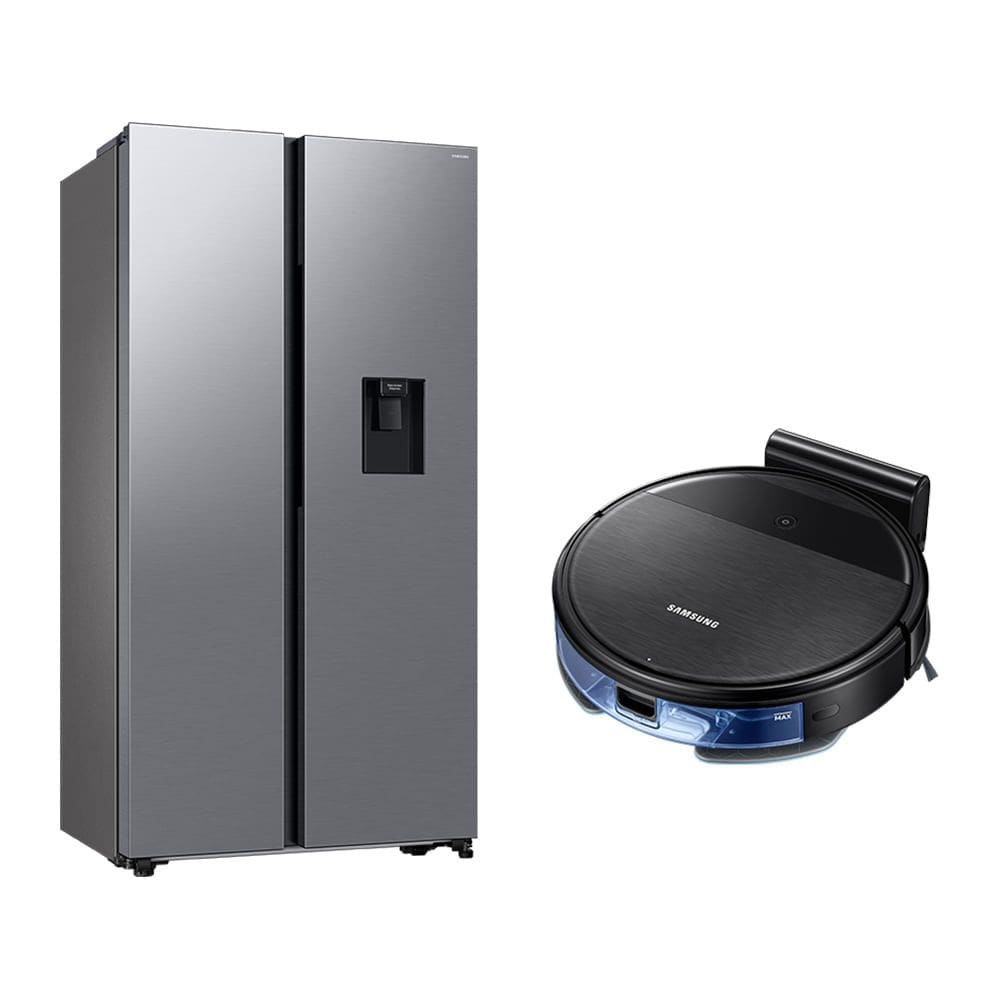 Geladeira Side by Side SmartThings com Dispenser de Água Samsung RS57 Inox 560L 127V + Aspirador Robô com conectividade Wi-FI