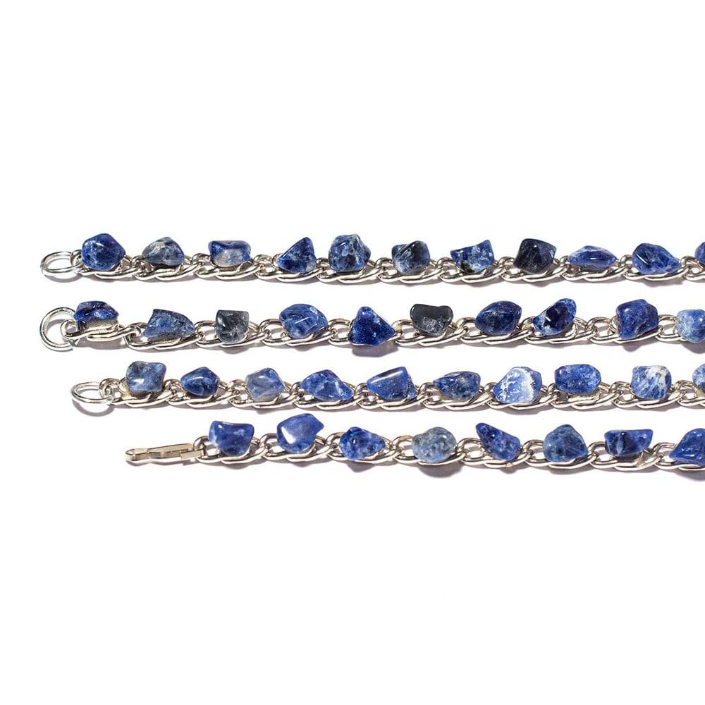 10 Pulseira Corrente Pedra Colada Sodalita Azul Natural Rolada Montagem Banho Prateado