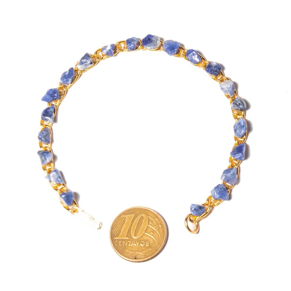 03 Pulseira Corrente Pedra Sodalita Natural Rolada Dourado