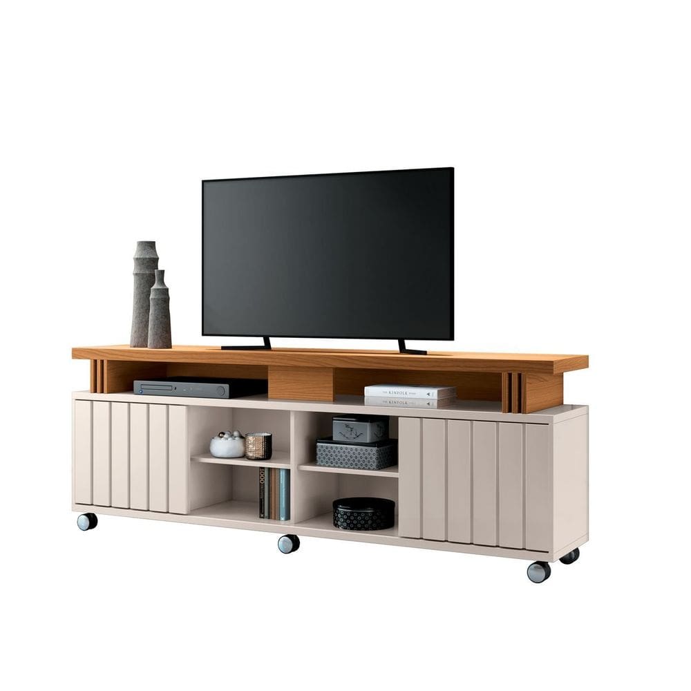 Rack Bancada Sala Estar TV Até 70 Polegadas 2 Portas Ripadas 2 Prateleiras E 6 Rodízios Briz 1.8