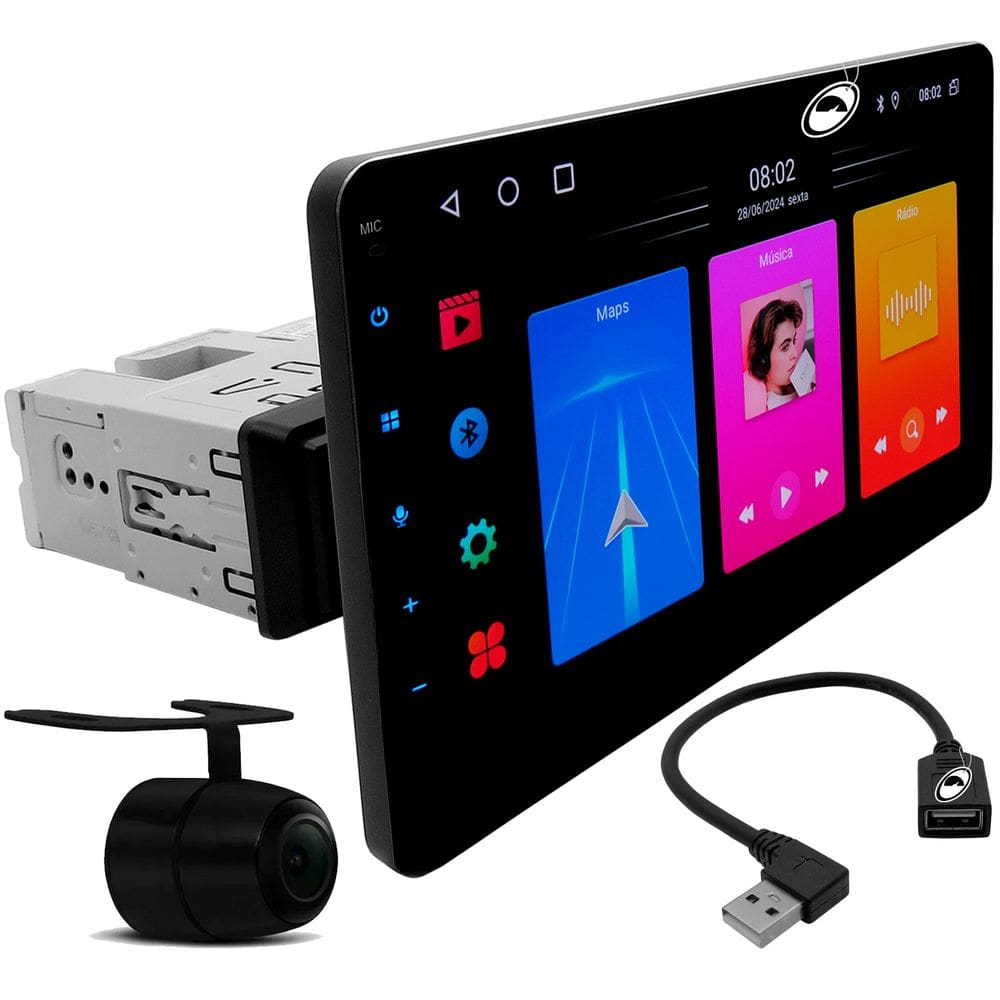 Multimídia Android H-tech HT-8025CA Carcaça 1 Din Tela 10" Rotatitva Qled Android Auto Car Play + Câmera Ré