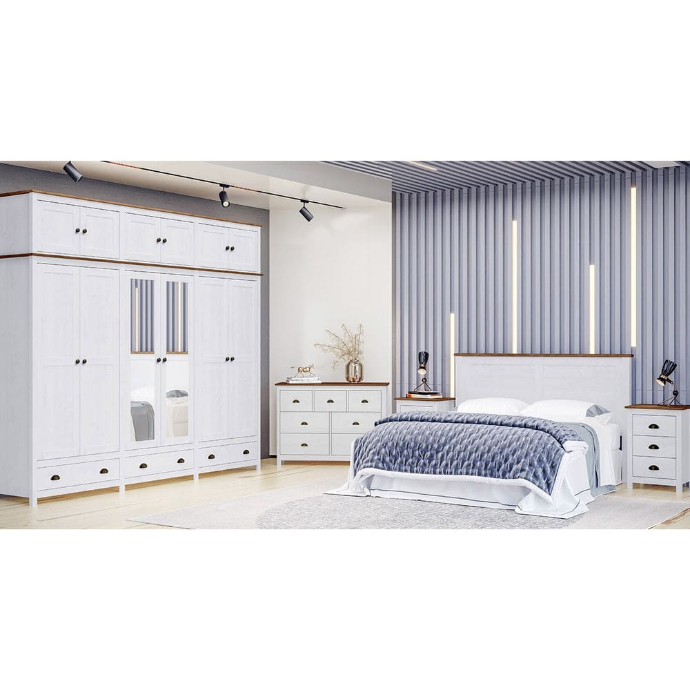 Conjunto Quarto: Guarda-Roupa 10 Portas Cabeceira Cômoda 7 Gavetas 2 Mesas Cabeceiras Branco/Freijó Topázio Madeira Pinus - Finestra