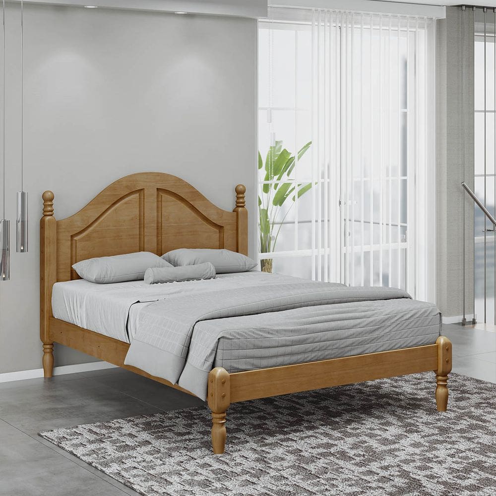 Cama de Casal 204cm x 150cm com pés torneados Freijó Ouro Madeira Pinus - Finestra