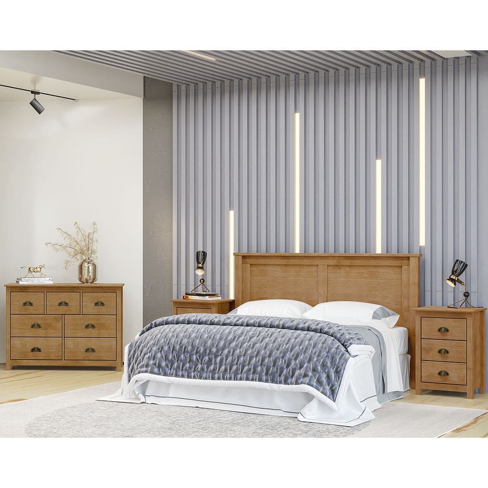 Conjunto Quarto: 1 Cabeceira, Cômoda 7 Gavetas e 2 Mesas de Cabeceiras Freijó Topázio Madeira Pinus - Finestra