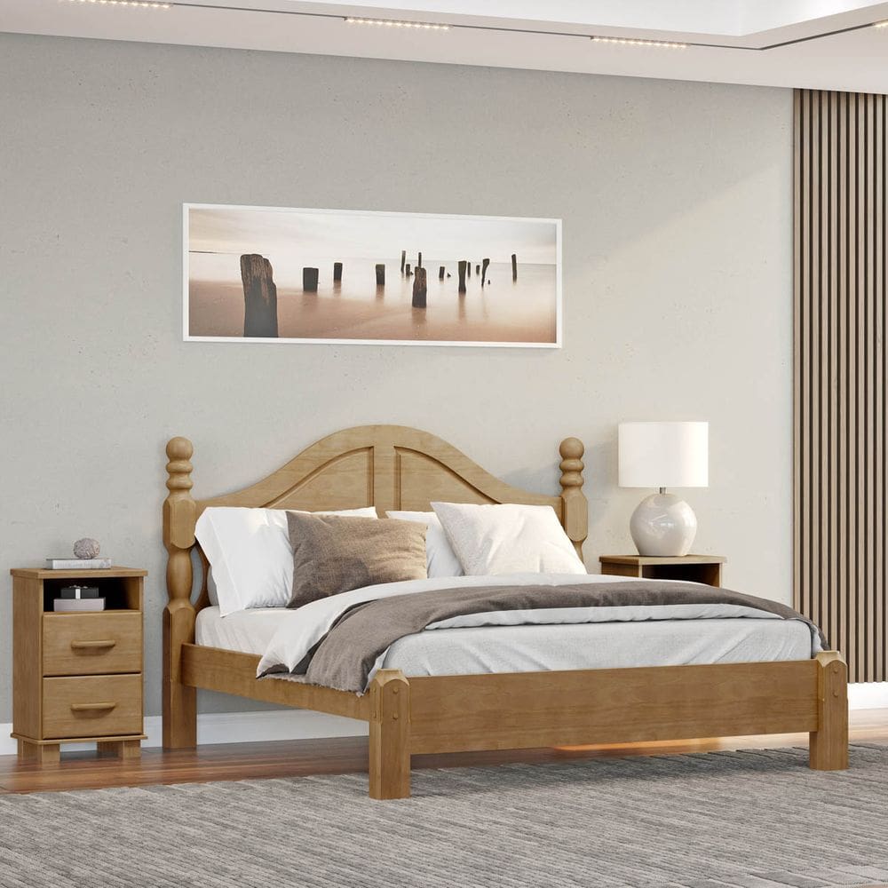 Conjunto Quarto: Cama Casal Queen Clássica, 2 Mesas de Cabeceiras 2 Gavetas Freijó Ouro Madeira Pinus - Finestra