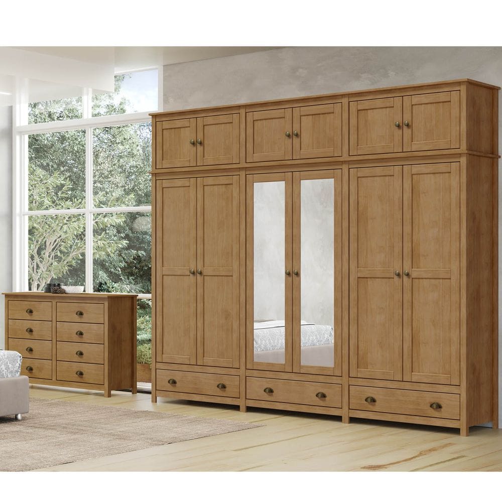Conjunto Quarto: Guarda-Roupa 12 Portas, Cômoda 8 Gavetas Freijó Topázio Madeira Pinus - Finestra