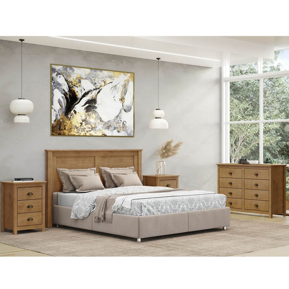 Conjunto Quarto: Cabeceira, Cômoda 8 Gavetas e 2 Mesas de Cabeceiras Freijó Topázio Madeira Pinus - Finestra