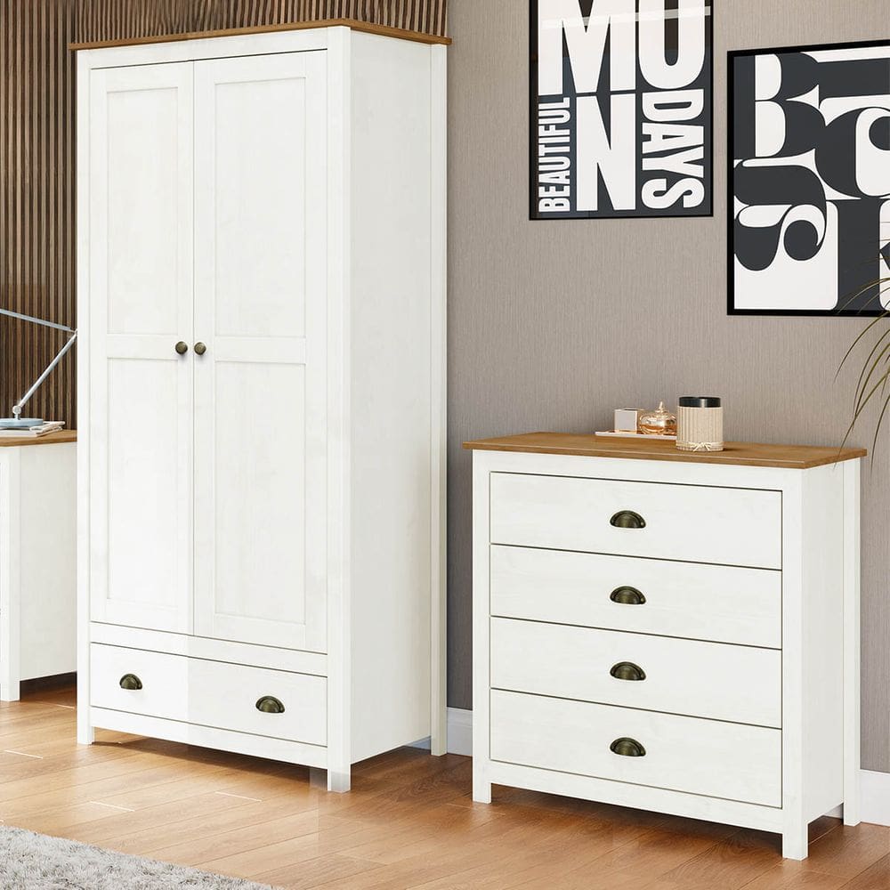 Conjunto Quarto Guarda-Roupa 2 Portas, Cômoda 4 Gavetas Branco/Freijó Topázio Madeira Pinus - Finestra