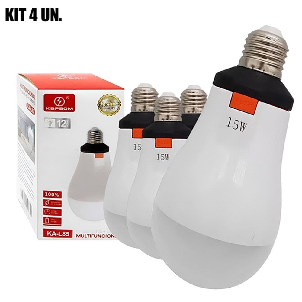 KIT 4 Lâmpadas Emergenciais LED Recarregáveis KA-L85 com 12h de Funcionamento e Bateria Econômica