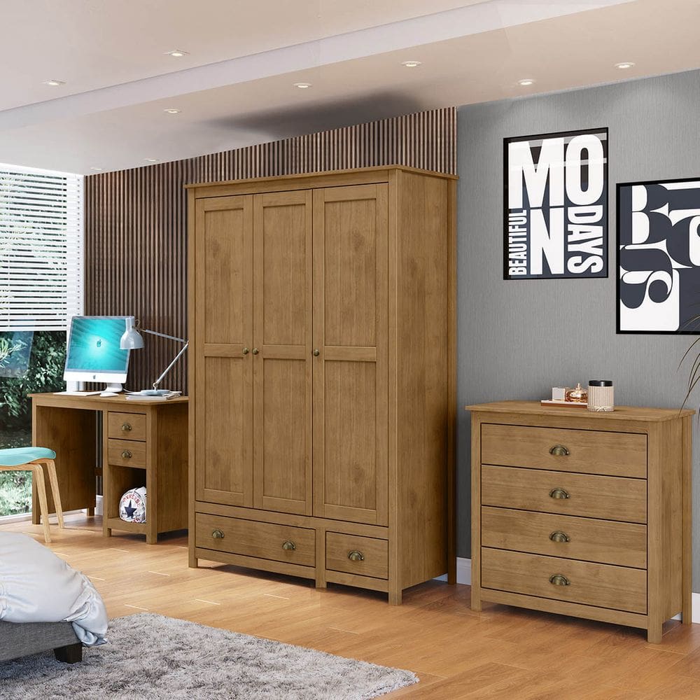 Conjunto Quarto: Guarda-Roupa 3 Portas, Escrivaninha, Cômoda 4 Gavetas Freijó Topázio Madeira Pinus - Finestra