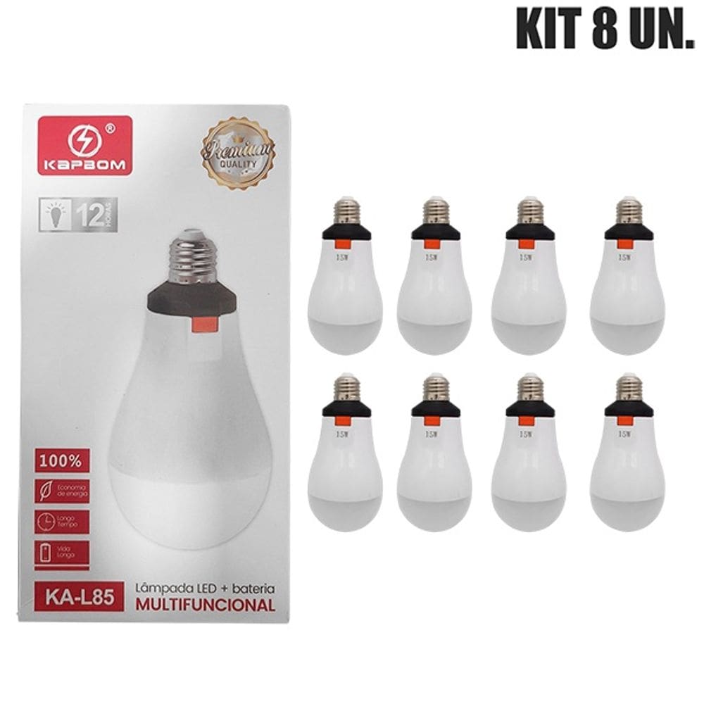 KIT 8 Lâmpadas Emergenciais LED Recarregáveis KA-L85 com 12h de Funcionamento e Bateria Econômica