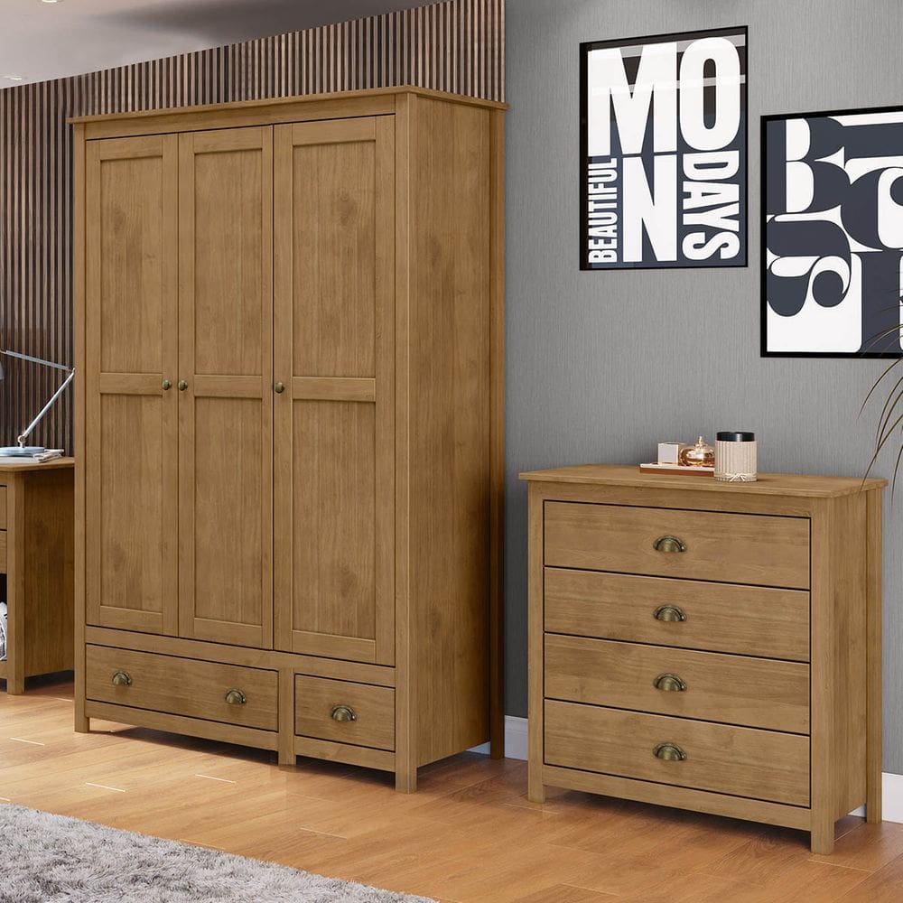 Conjunto Quarto: Guarda-Roupa 3 Portas, Cômoda 4 Gavetas Freijó Topázio Madeira Pinus - Finestra