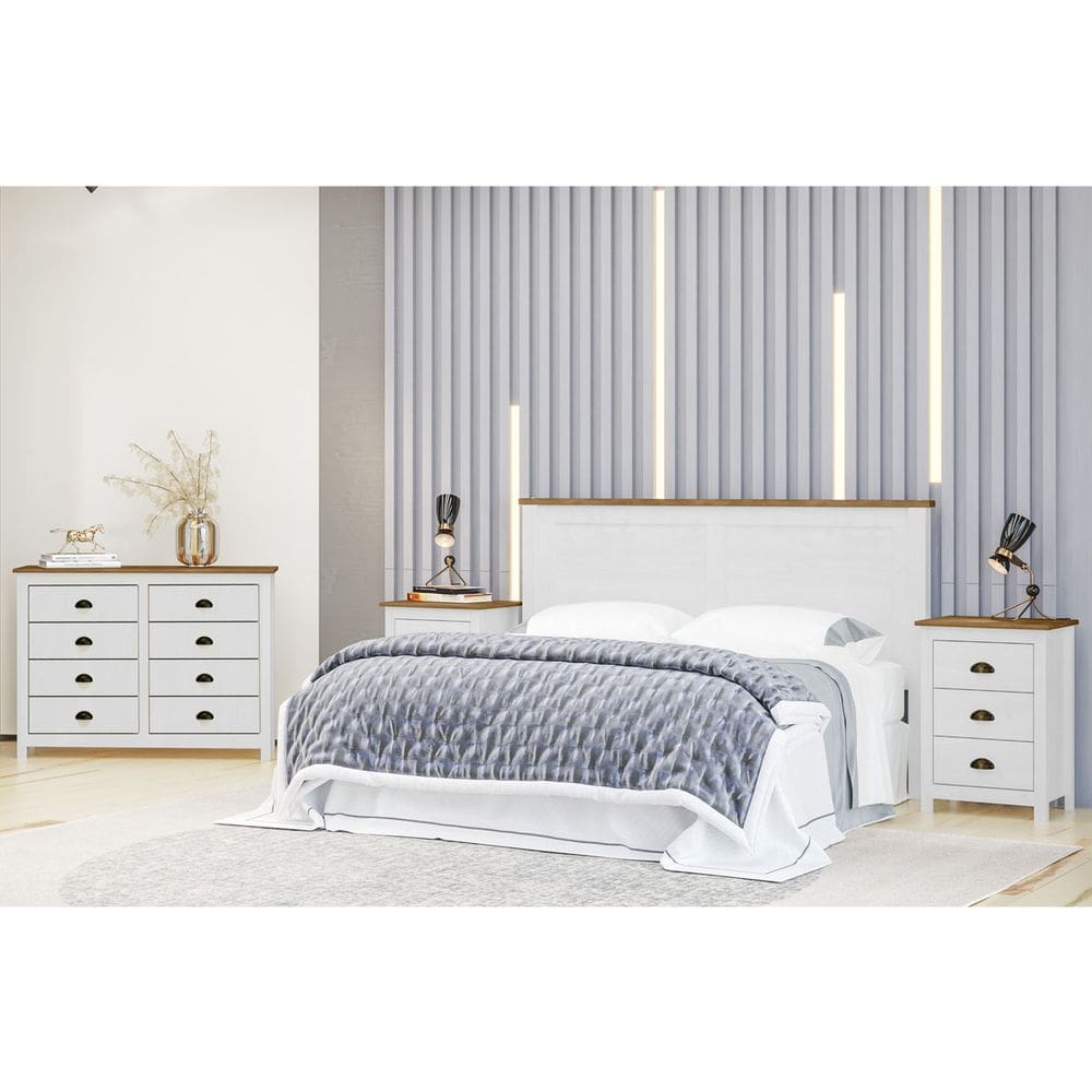 Conjunto Quarto: Cabeceira, Cômoda 8 Gavetas e 2 Mesas de Cabeceiras Branco/Freijó Topázio Madeira Pinus - Finestra