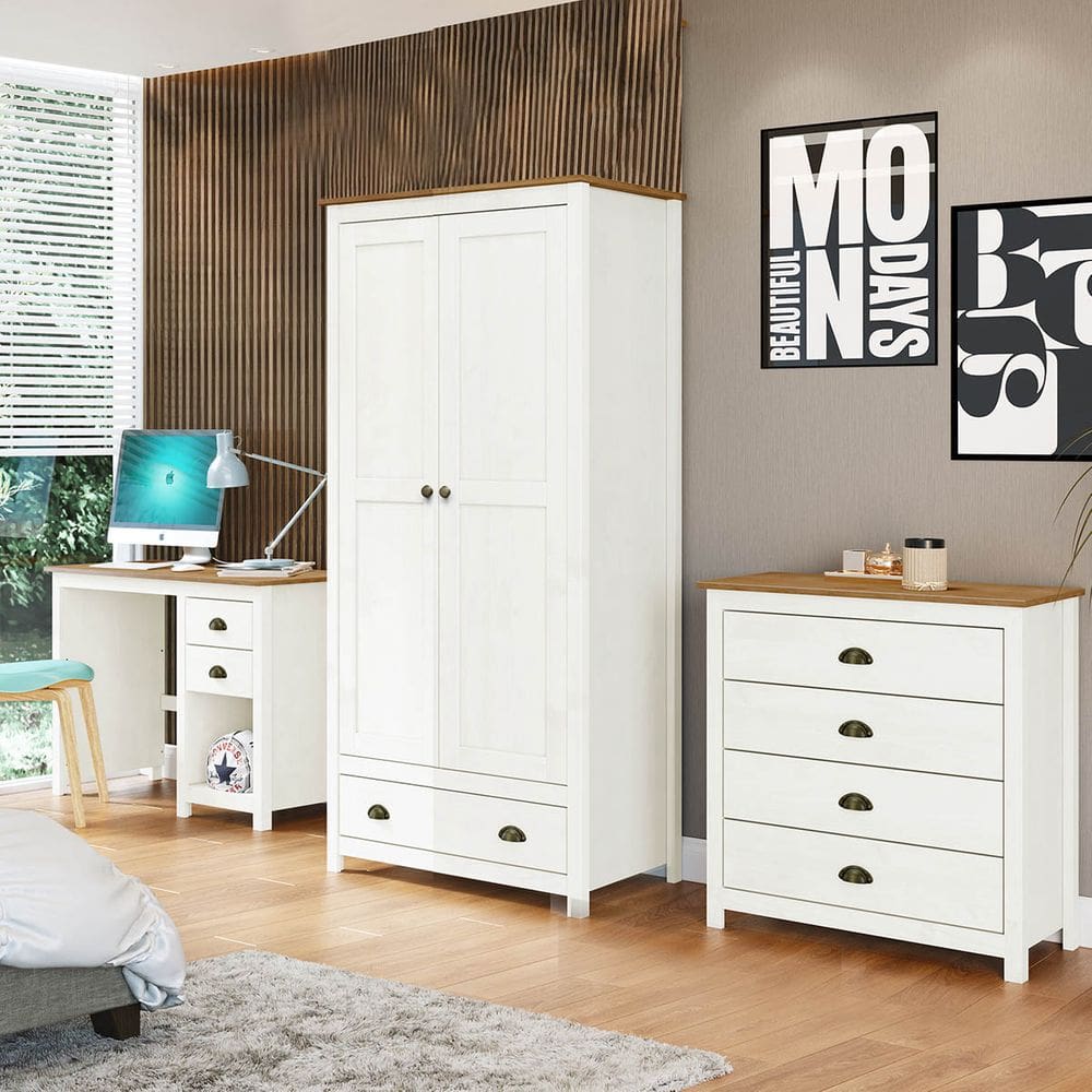 Conjunto Quarto: Guarda-Roupa 2 Portas, Escrivaninha, Cômoda 4 Gavetas Branco/Freijó Topázio Madeira Pinus - Finestra