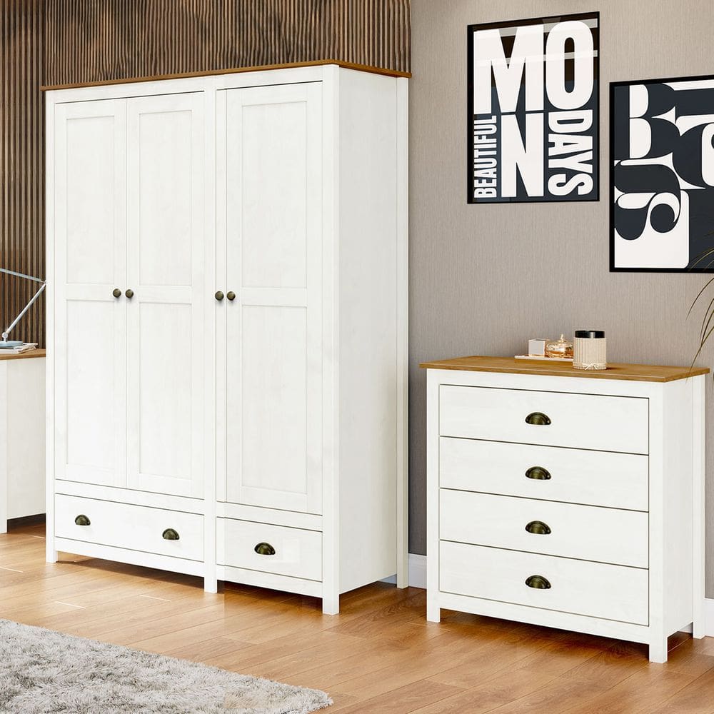 Conjunto Quarto: Guarda-Roupa 3 Portas, Cômoda 4 Gavetas Branco/Freijó Topázio Madeira Pinus - Finestra