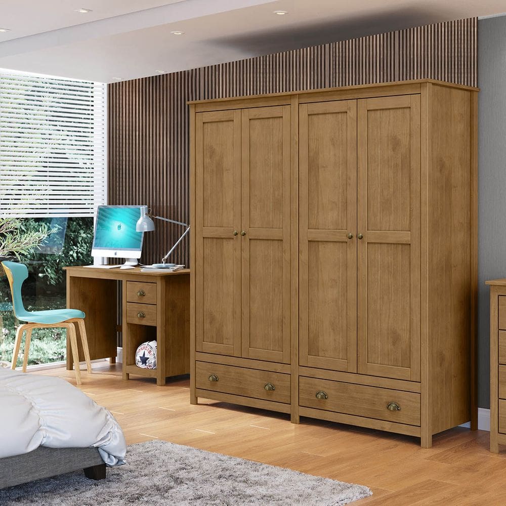Conjunto Quarto: Guarda-Roupa 4 Portas, Escrivaninha 2 Gavetas Freijó Topázio Madeira Pinus - Finestra