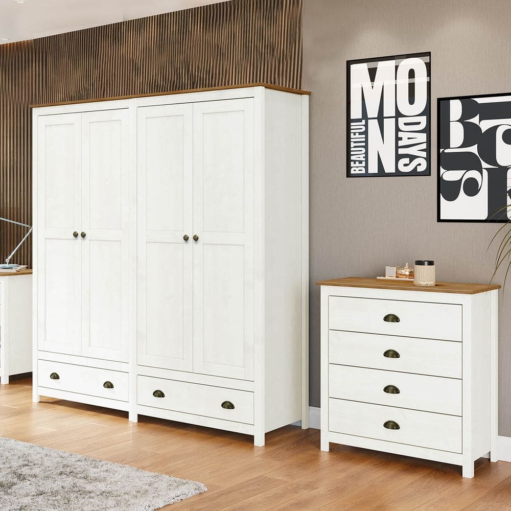 Conjunto Quarto: Guarda-Roupa 4 Portas, Cômoda 4 Gavetas Branco/Freijó Topázio Madeira Pinus - Finestra