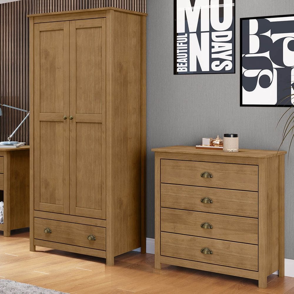 Conjunto Quarto Guarda-Roupa 2 Portas, Cômoda 4 Gavetas Freijó Topázio Madeira Pinus - Finestra