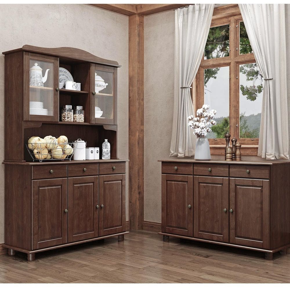 Conjunto Cozinha: Cristaleira 5 Portas 3 Gavetas Balcão 3 Portas 3 Gavetas Café Rubi Madeira Pinus - Finestra