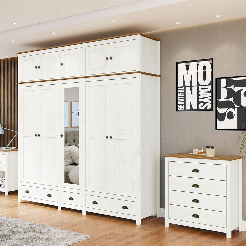 Conjunto Quarto: Guarda-Roupa 10 Portas, Cômoda 4 Gavetas Branco/Freijó Topázio Madeira Pinus - Finestra