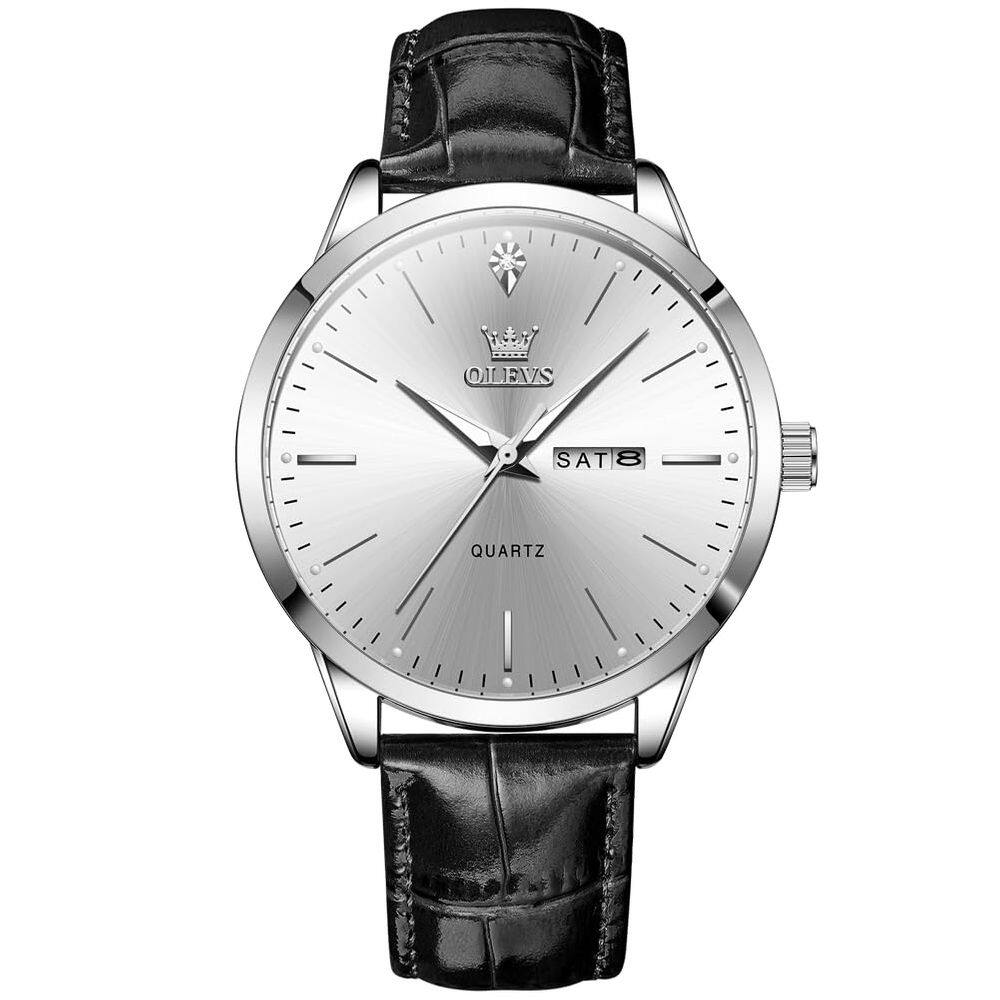 Relógio OLEVS masculino de couro preto com rosto branco 43 mm