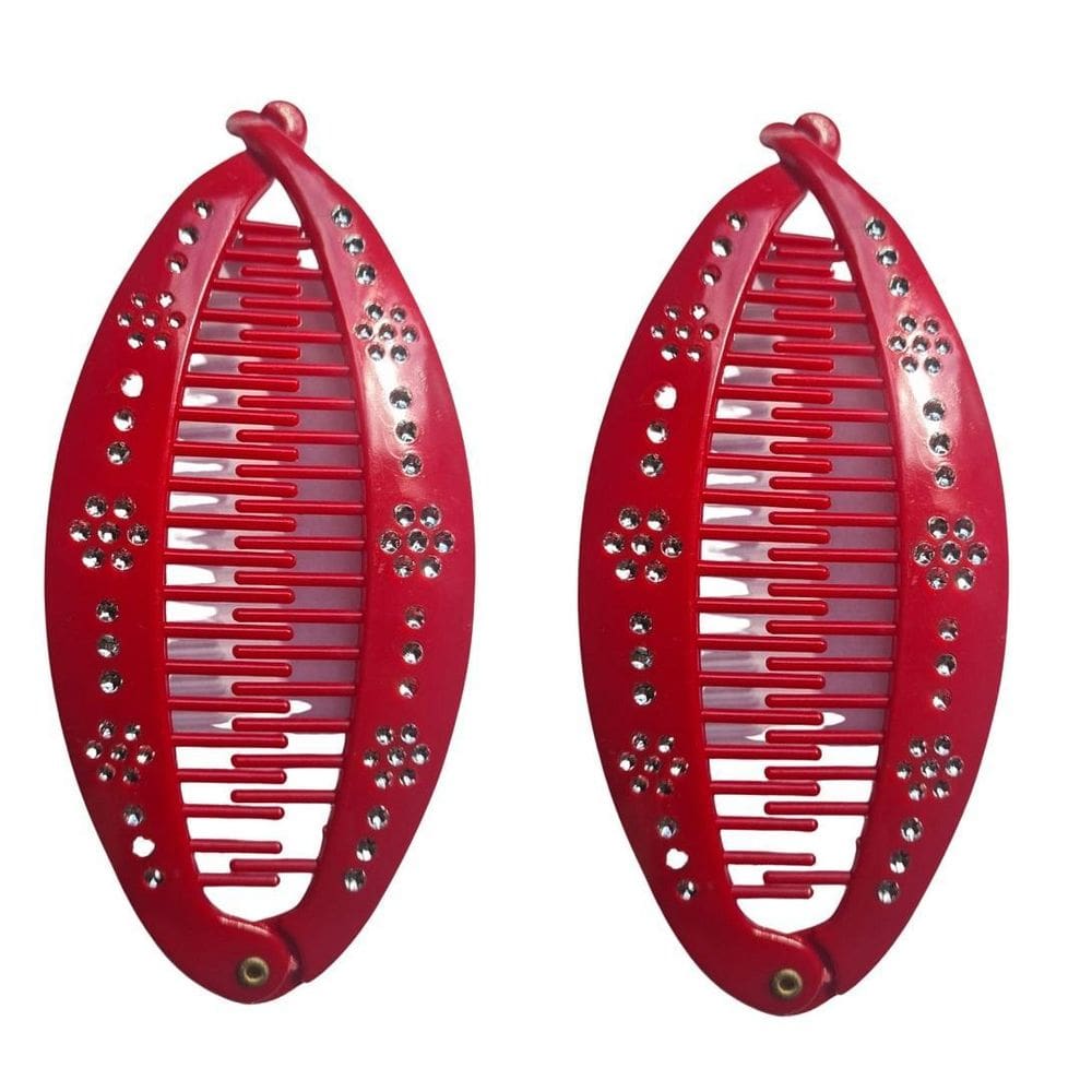 2 Presilhas De Cabelo Vermelho Estilo Banana Pente Strass