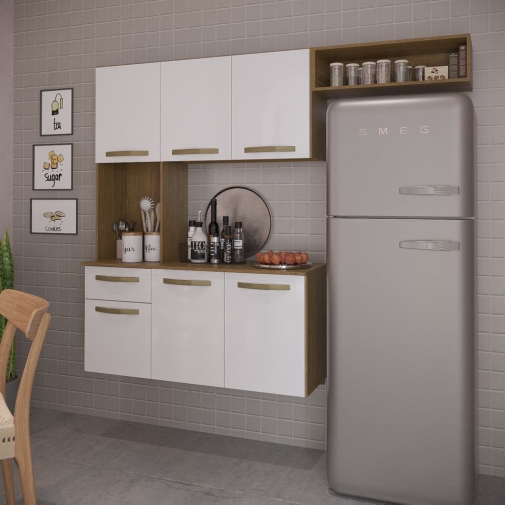 Armário de Cozinha Suspenso com Balcão Nicho 6 Portas e 1 Gaveta Cosina