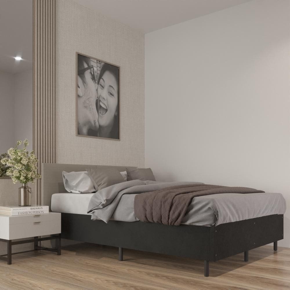 Cama Box Casal Confort Acabamento Suede Pés de Madeira