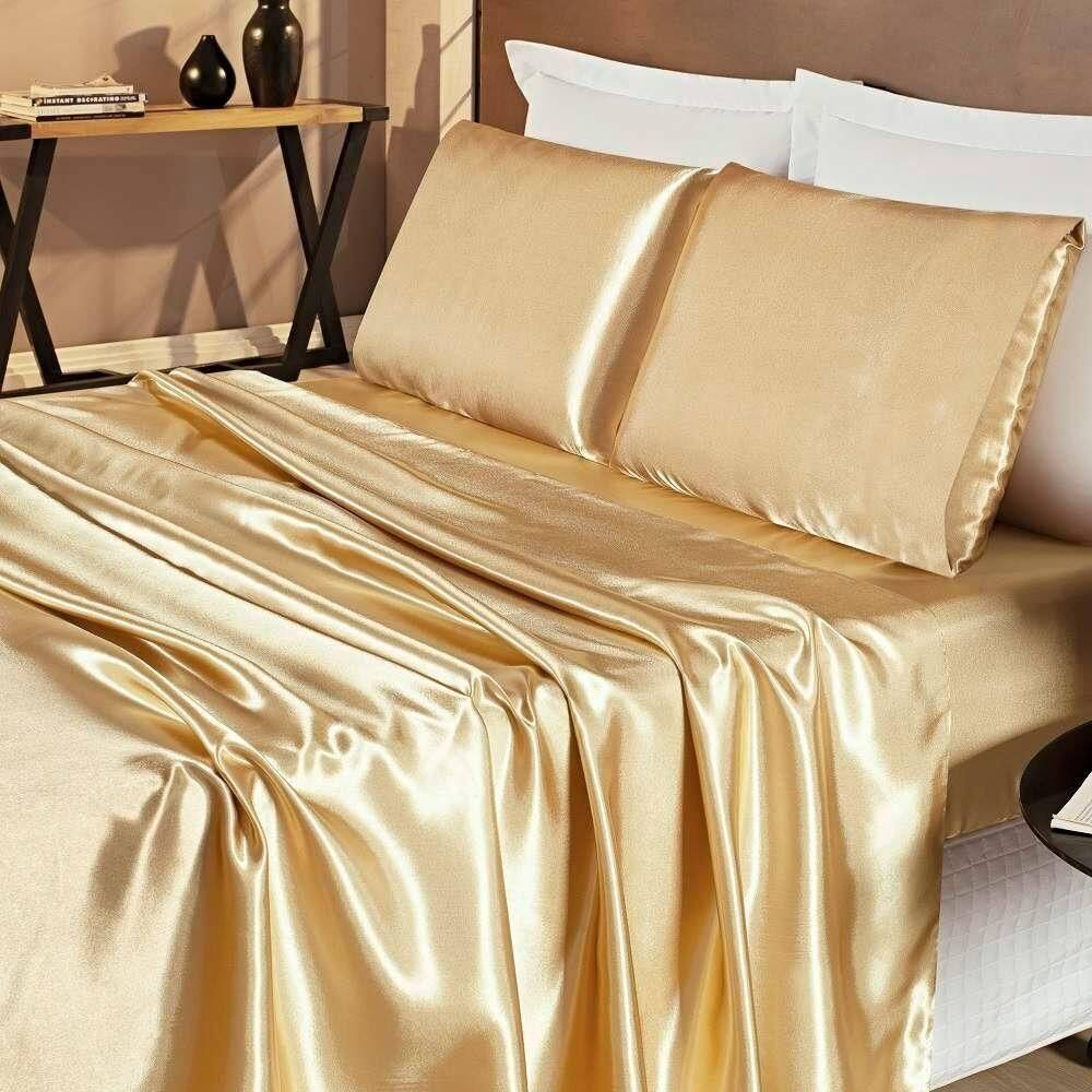 Jogo De Lençol King Cetim Shine 4 Peças Dourado