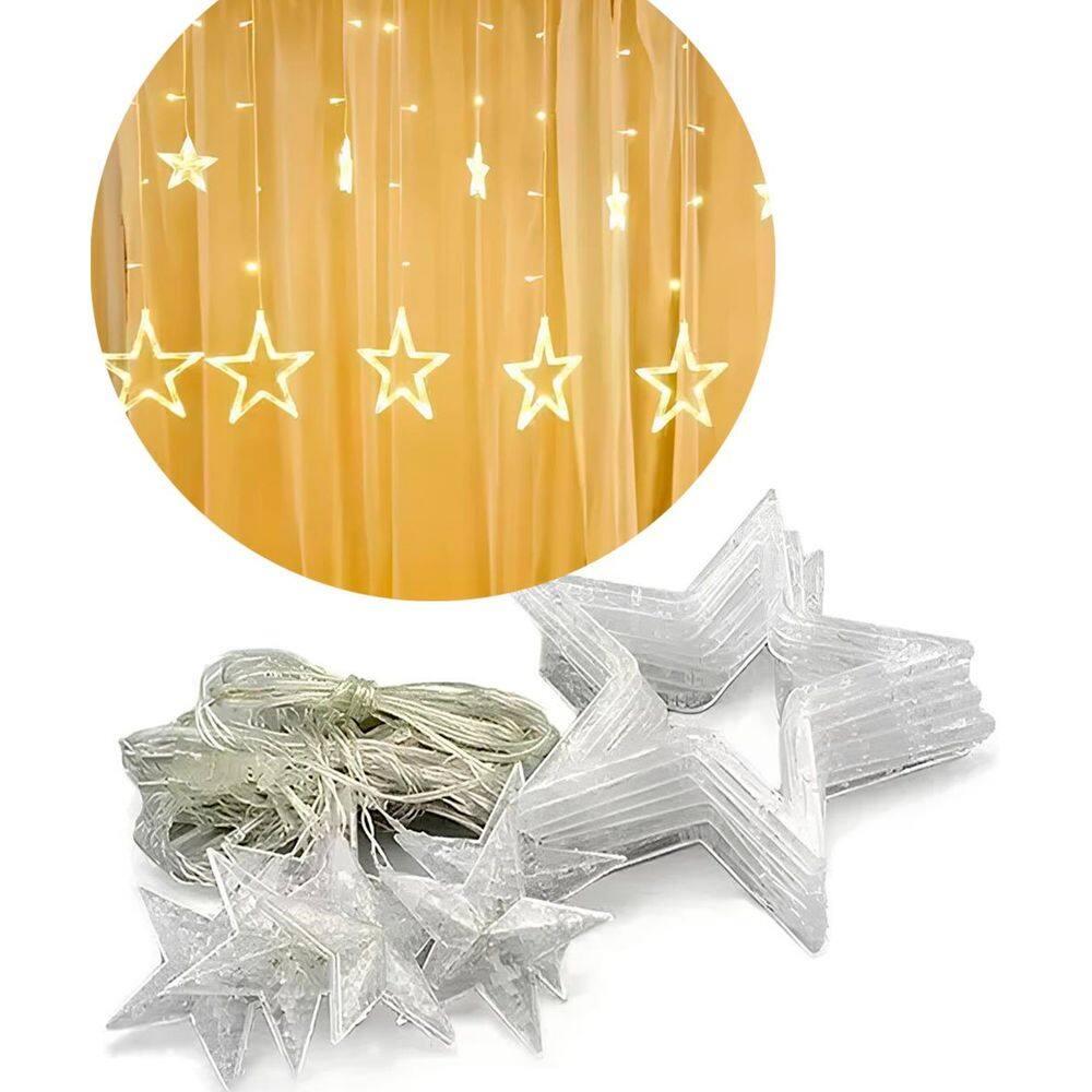 Decoração Natal Cascata Estrela 138 Lâmpadas Amarelo LEDs 3M