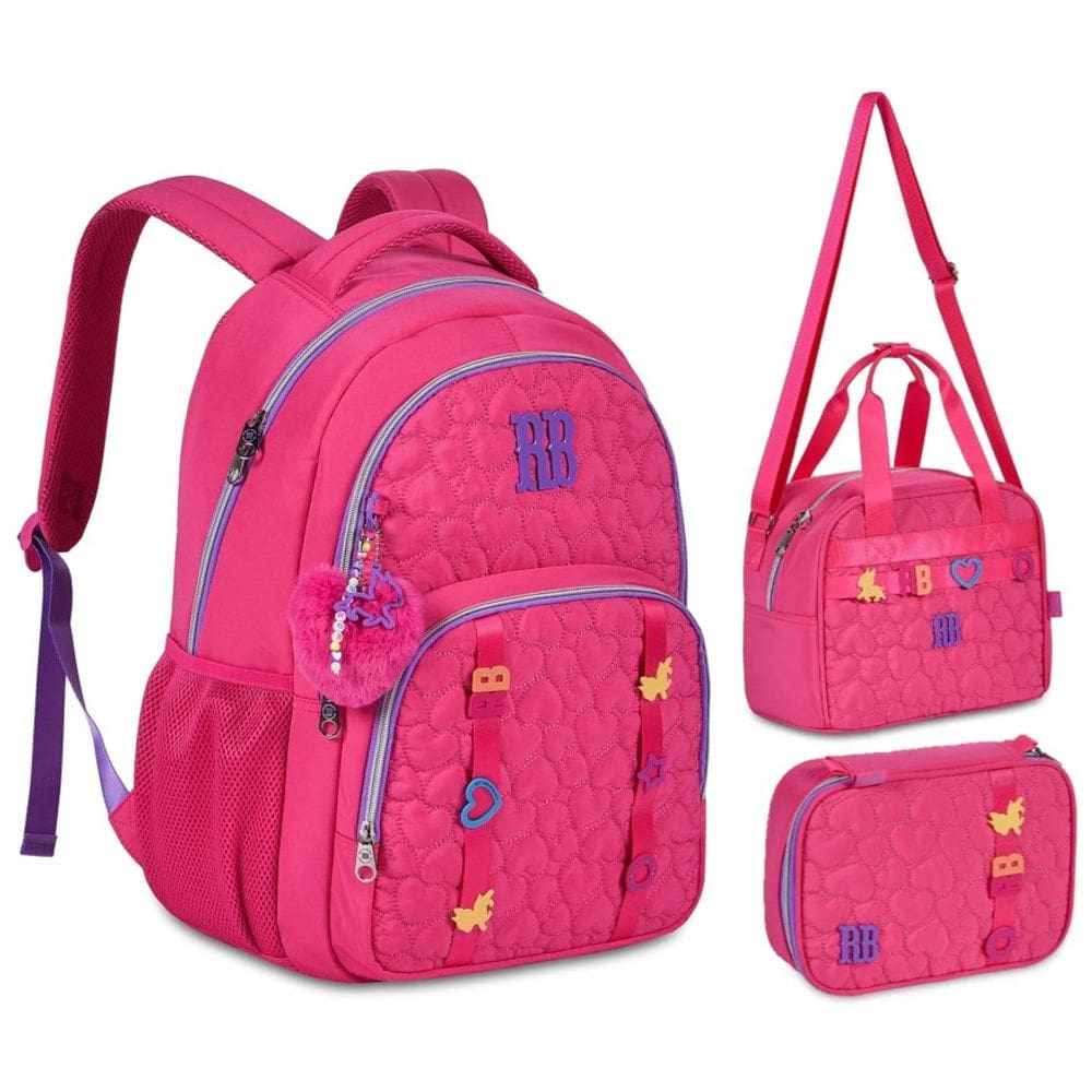 Kit Mochila de Costas Soft Rebecca Bonbon Lancheira e Estojo RB24536 Rosa