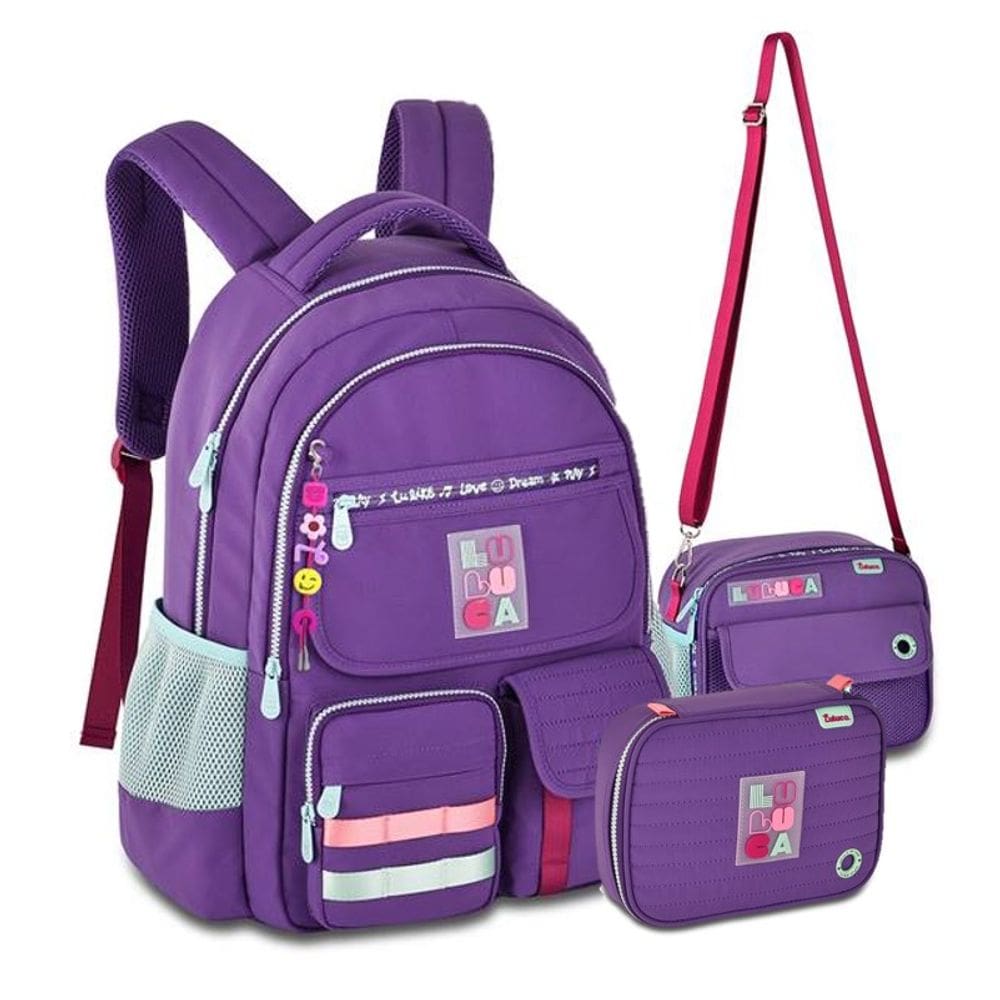 Kit Mochila de Costas Colorida Luluca com Lancheira e Estojo Clio LU24600 Roxo