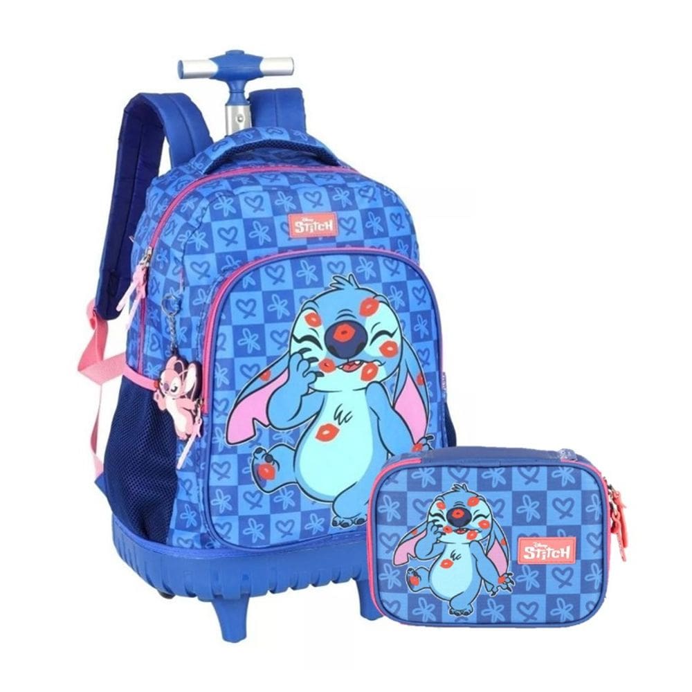 Kit Mochila de Rodinhas Disney Stitch Azul com Estojo Luxcel
