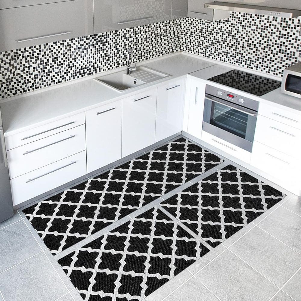 Tapete Cozinha 3 Peças Jacquard Latéx Arabesco Preto