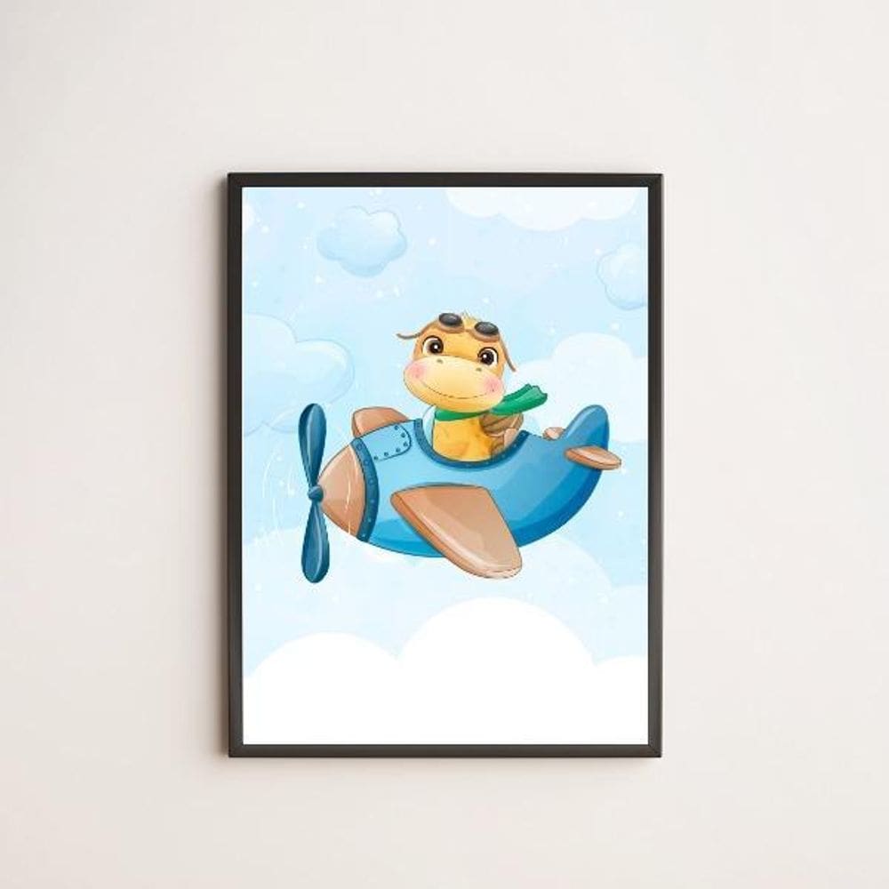 Quadro Dinossaurinho Fofo Avião 45X34Cm Com Vidro Preta