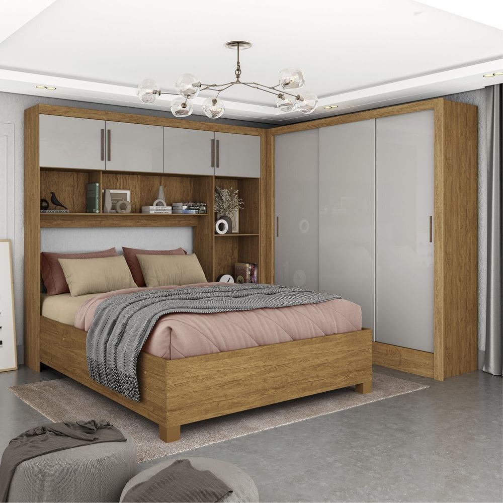 Guarda-roupa Casal Modulado 4 Portas com Cama Santiago 3 Portas 5 Gavetas Cinamomo/Off White