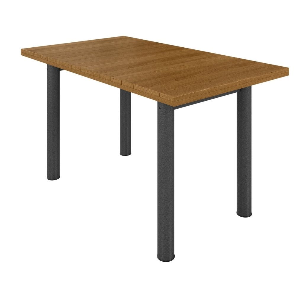 Mesa Retangular Tampo Madeira Maciça Ripado 140x75cm Base Tubo 3\" Madeira Maciça/Preto