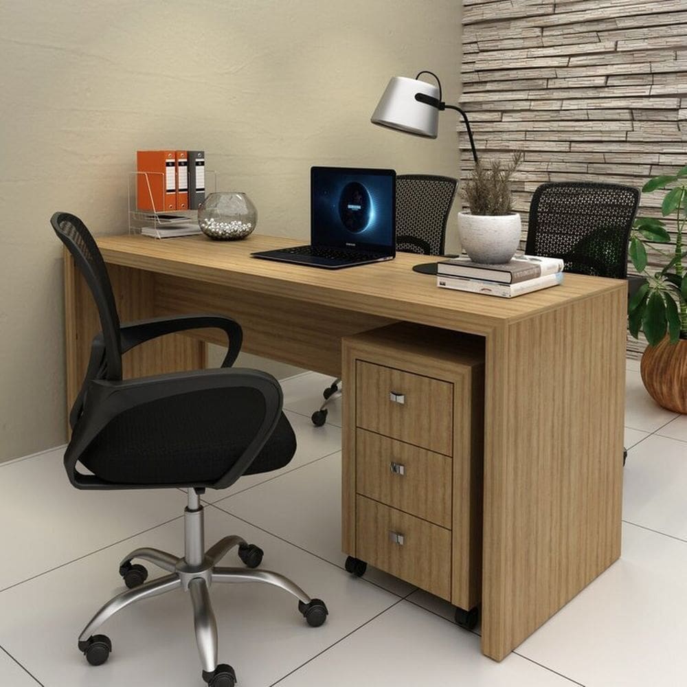 Conjunto 1 Mesa para Escritório 1 Gaveteiro 3 Gavetas Amendoa