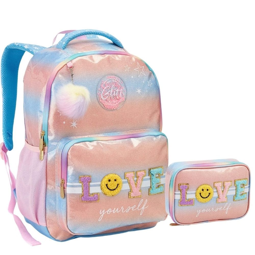 Kit Mochila e Estojo Escolar Juvenil Patches Feminina