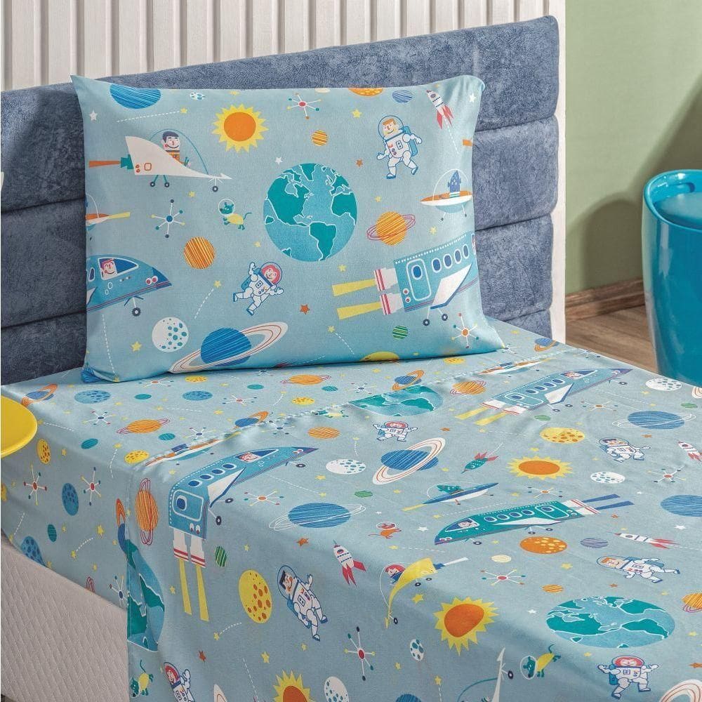 Jogo De Lençol Solteiro Bouti Kids Infantil Estampado 3 Peças Astronauta