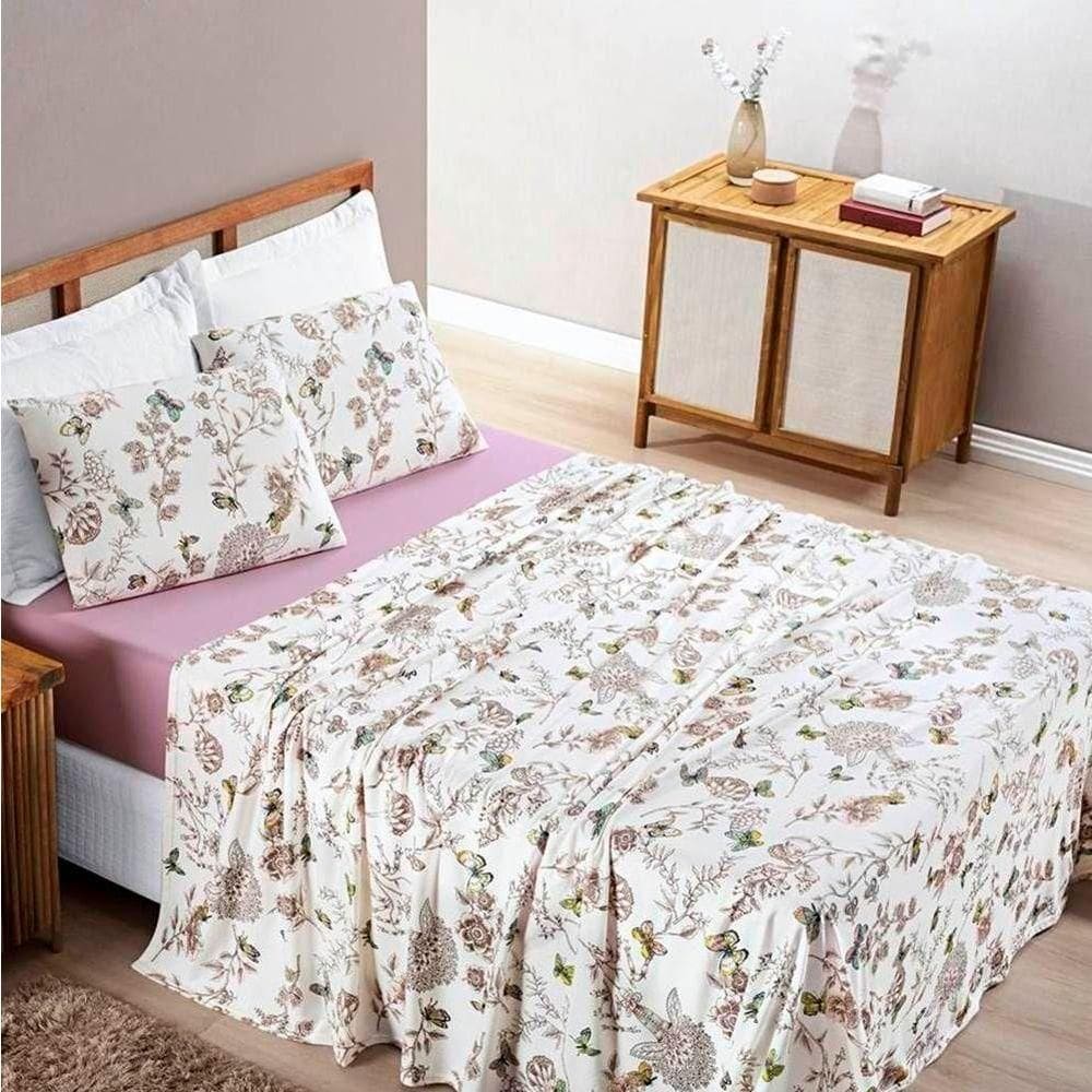 Jogo De Lençol Queen Quality Malha 100% Algodão Estampado 4 Peças Cor Butterfly Rosa