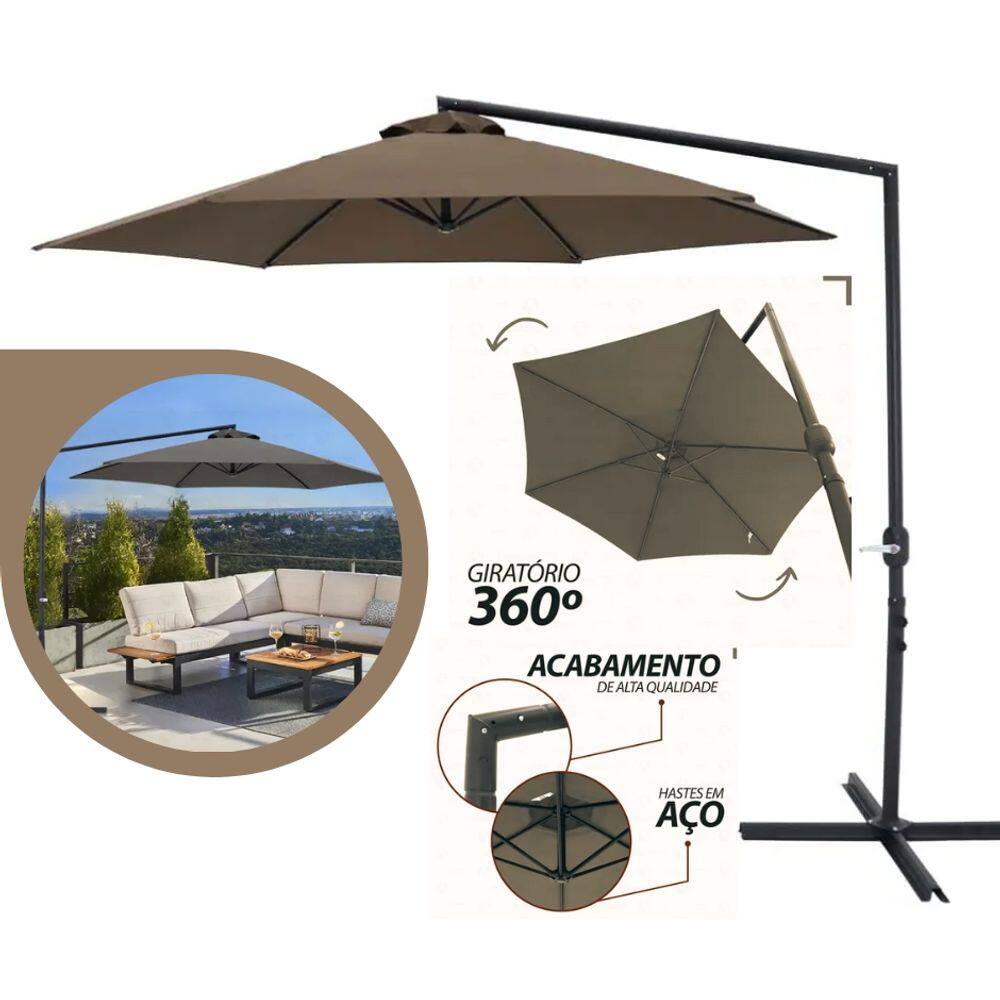 Ombrelone Guarda Sol p/ Espreguiçadeira BEL Veneza 3 Metros Giratorio 360° Reforçado Com Manivela e Base de Apoio