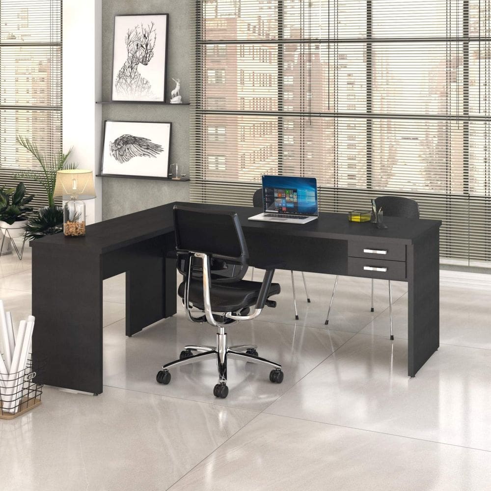 Mesa de Escritório em L 1,80x1,60M com 2 Gavetas Work30 Preto Onix