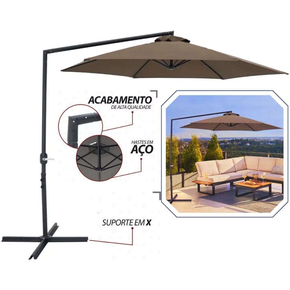 Guarda Sol Grande Ombrelone de Jardim, Varanda e Piscina BEL Veneza 3 Metros Gira 360° com Acionamento por Manivela