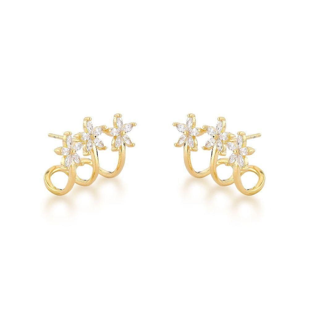 Brinco Ear Hook 03 Flores Banhado A Ouro 18k Cristal