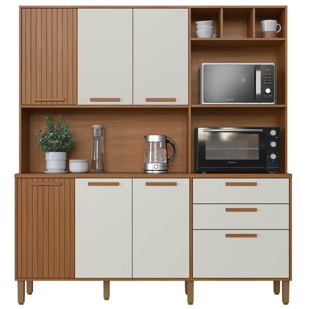 Armário de Cozinha Grecia 7 Portas 2 Gavetas Indekes Cor Freijó Off White