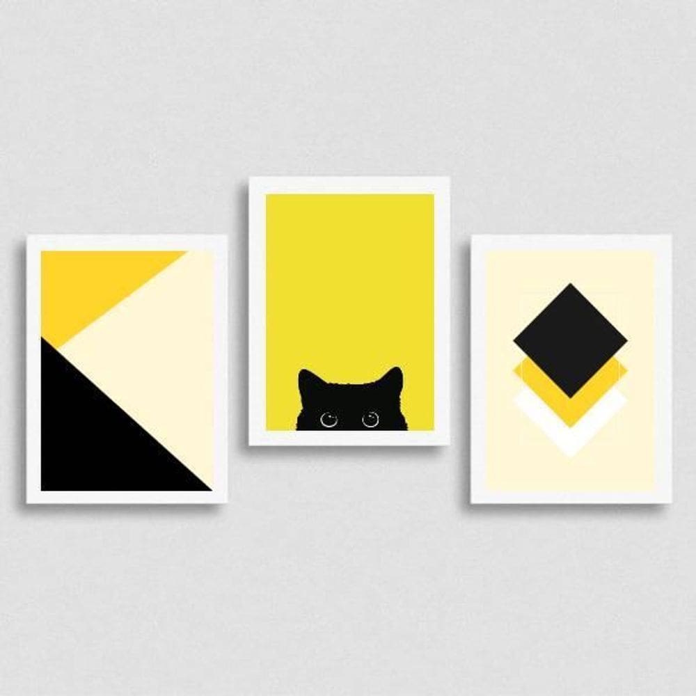 Kit 3 Quadros Geométricos Gato Preto/Amarelo 24X18Cm Branca