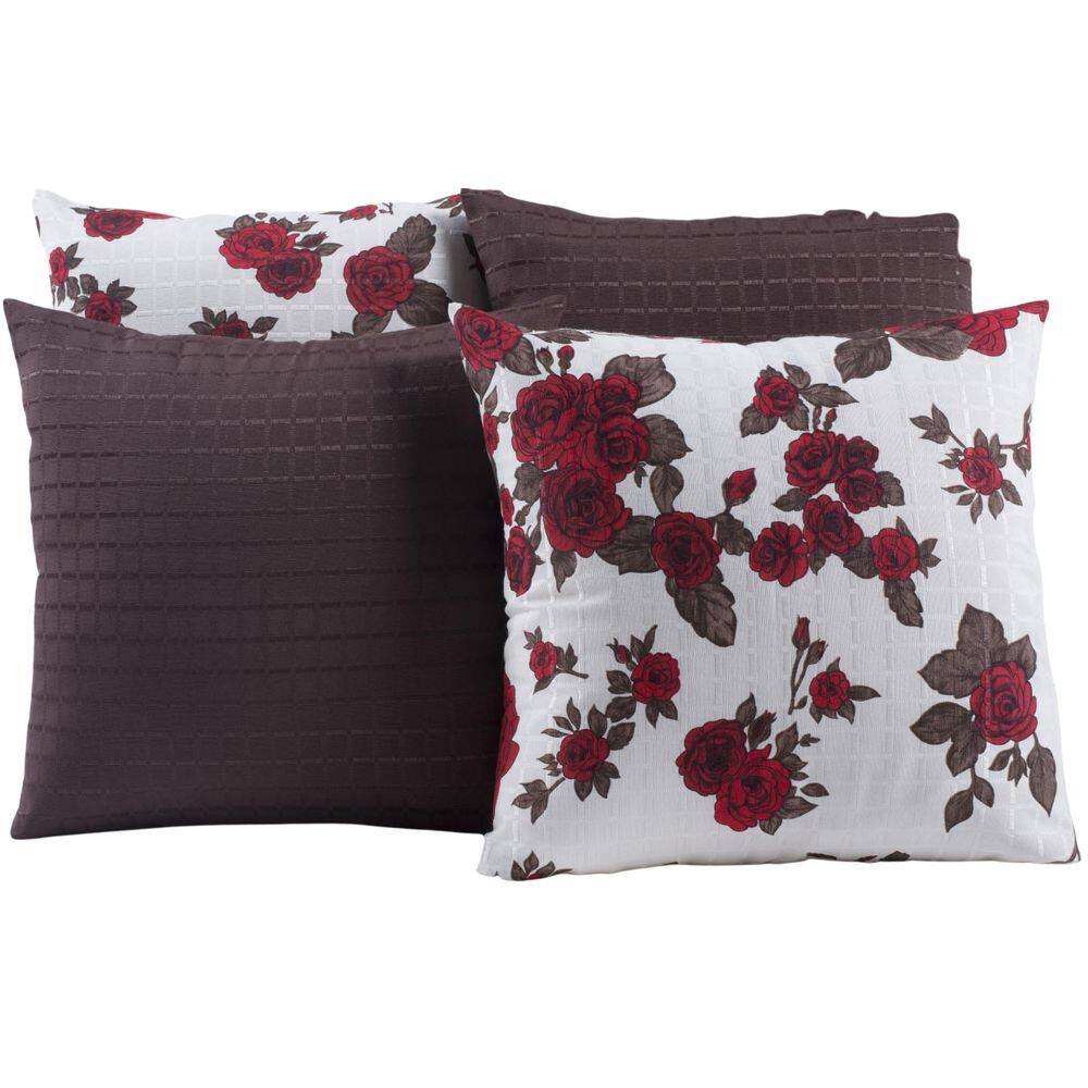 Kit 4 Capas De Almofadas Tabaco Com Flores Vermelhas - 002